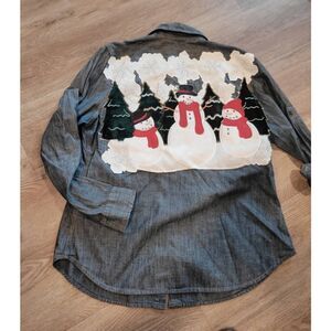 Reworked denim upcyled Christmas womens Docks shirt xlg snowmen